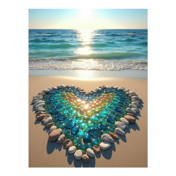 Diamond Art Kit for Adults, Ocean Pebble Heart Sunset Diamond Painting for Adults Beginners, 5D DIY Diamond Art Painting Kits, Colorful Diamond Painting Craft for Home Decor 12x16