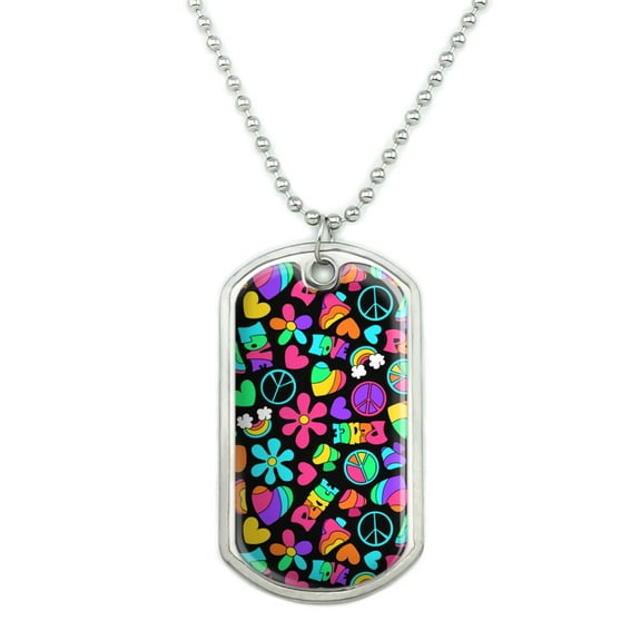 Groovy Hippie Peace and Love Pattern Military Dog Tag Pendant Necklace with Chain