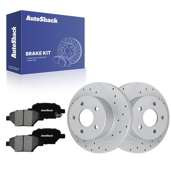 AutoShack Rear Solid Drilled & Slotted Coated Brake Rotors Silver Matte Finish   Premium Ceramic Pads 6-PC Brake Kit Replacement for 2004-2012 Chevrolet Malibu TurboGuard 10.62" (269.7 mm)