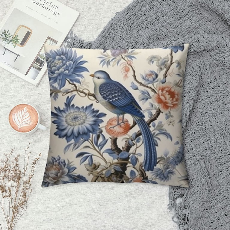 Set Of 2 Vintage Bird Velvet Pillow Covers - 12x20 Inches, Farmhouse Floral Print, Both Sides Printed