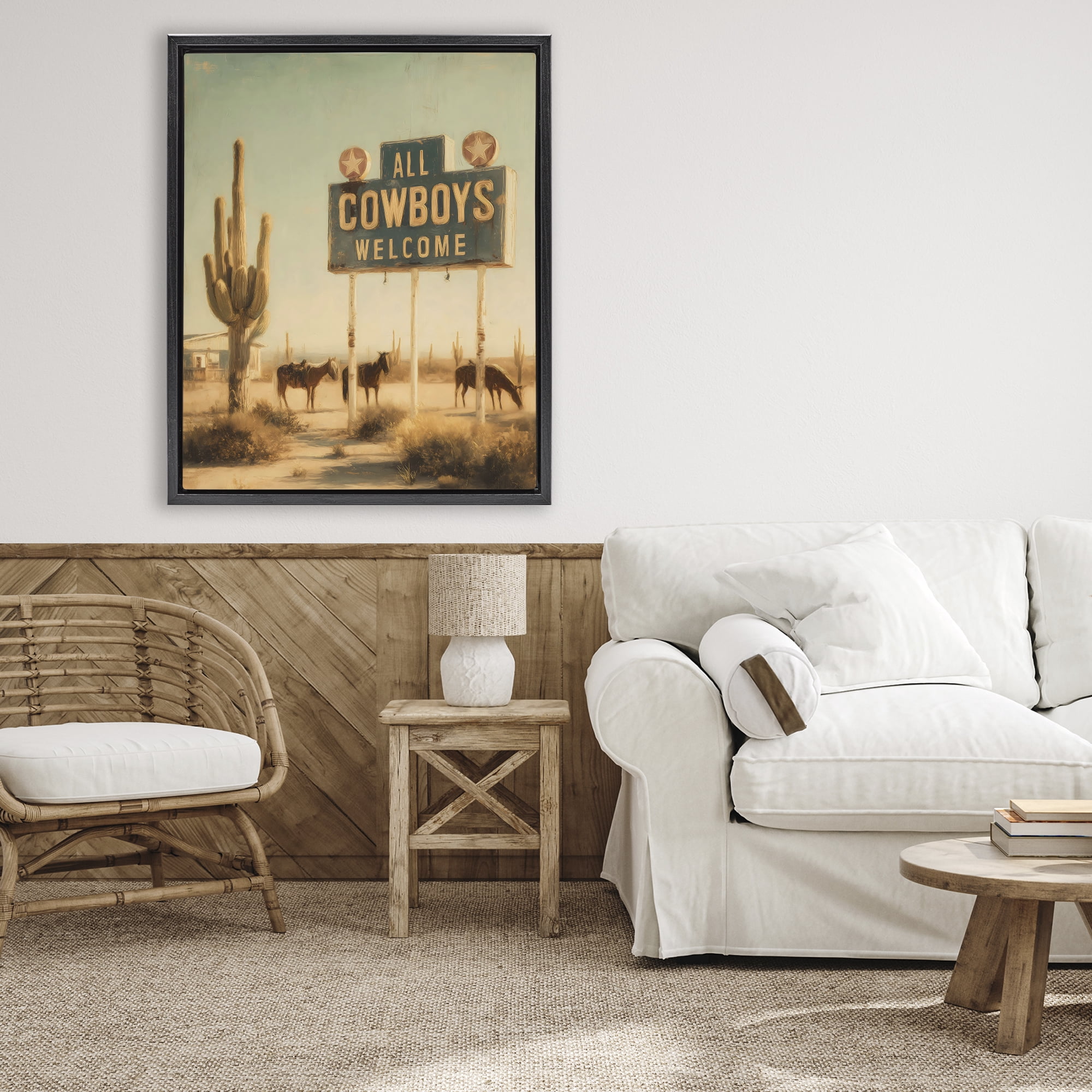 Stupell Industries All Cowboys Welcome Desert Black Framed Floater Canvas Wall Art, design by Arlington Prints