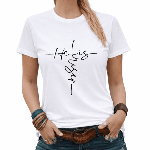 Trendy Minimal He Is Risen Handwritten Cross Graphic Tees Womans T-shirt White/Black S-5XL Tops