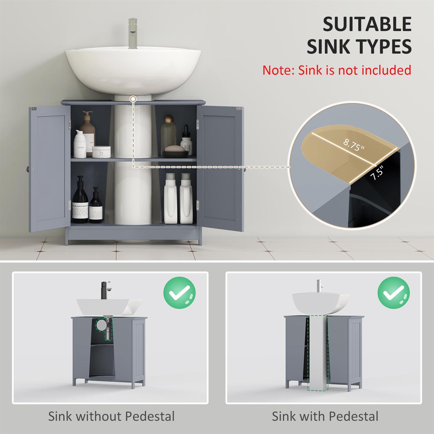 Demi Bonn 23" U-Shape Pedestal Sink Storage Cabinet with 2 Doors, Shelf for Bathrooms, Gray