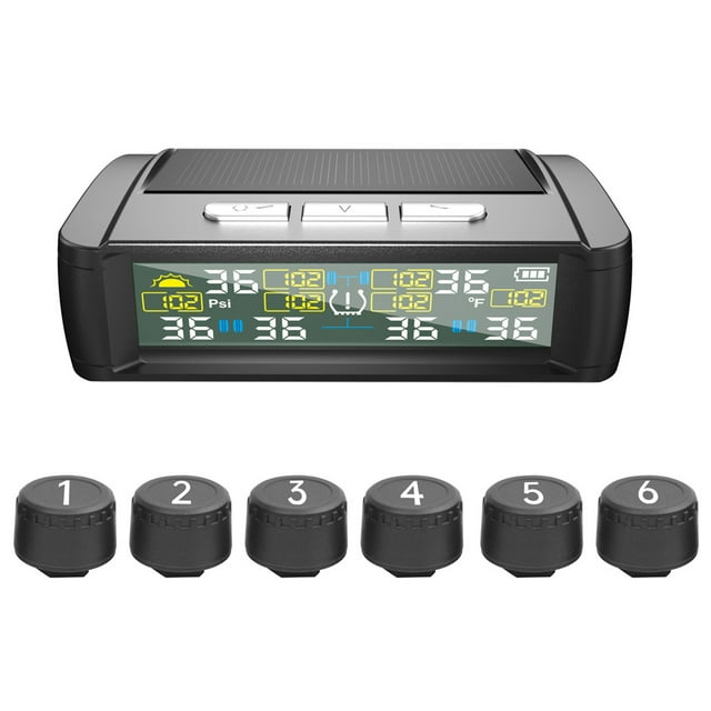 Rv Tire Pressure Monitoring System, Wireless Solar Tire Pressure Monitor with 6 External Sensors Real-time Display Temperature Pressure for RV Trailer Truck