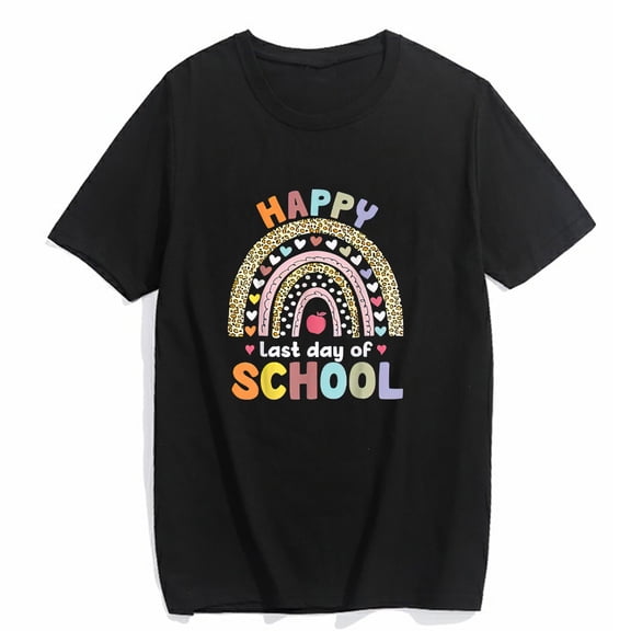 T-Shirt for Women Happy Last Day of School Rainbow Leopard Teacher Student Casual Short Sleeve Top Black Small