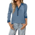 thumbnail image 3 of Delconic Women’s Long Sleeve Ribbed Knit Top With Denim Contrast Button Placket Turn Down Collar Casual Pullover Shirt Royal Blue S, 3 of 4