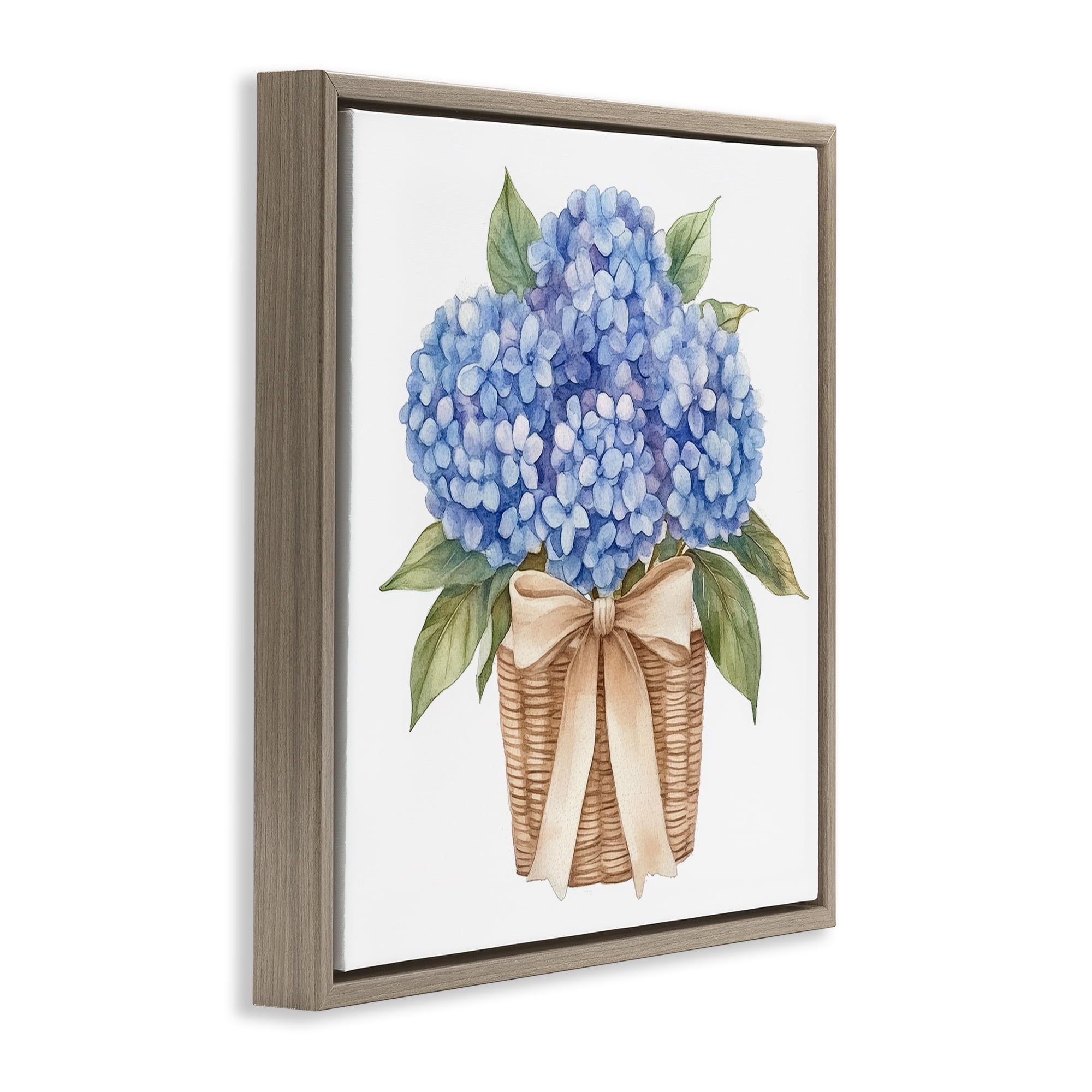 Stupell Industries Blue Hydrangea Picnic Basket Brown Framed Floater Canvas Wall Art, design by Petal Prints Design