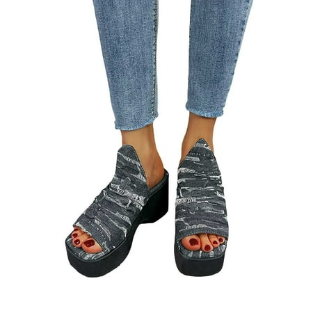 

ZHELIYO Women s sandals Thick Bottom Slope And Fashion Outside Wearing Open Toed Square Head Cold Drags Women s Shoes Korean Denim Cloth High Heeled Black 7