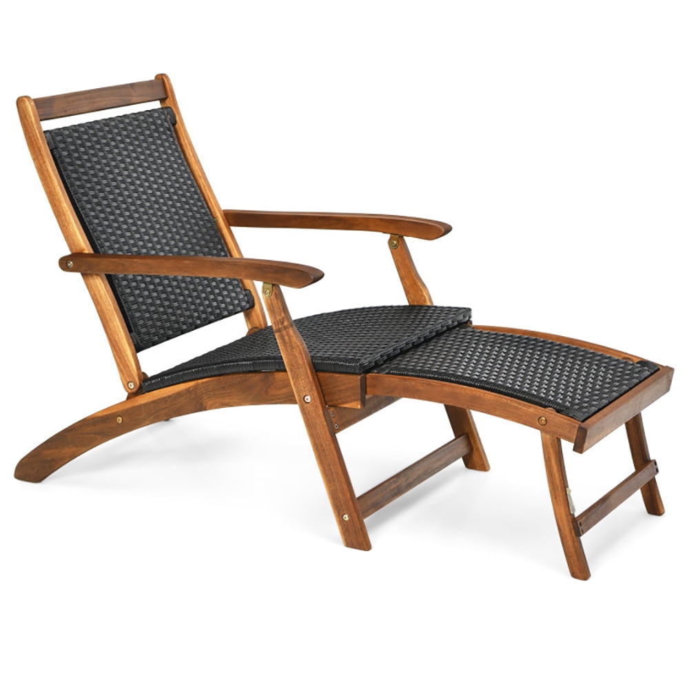 Aimee Lii Patio Rattan Folding Lounge Chair with Acacia Wooden Frame Retractable Footrest, Patio Loungers Aimee Lii Patio Rattan Folding Lounge Chair with Acacia Wooden Frame Retractable Footrest, Patio Loungers