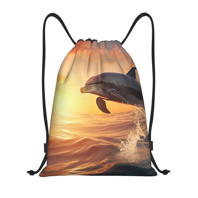 Fotbe Sunset Dancing Dolphin A Bolsa Mochila con Cordón Estampada, Bolsa de Gimnasio Deportiva, Bolsa Cinch, Bolsa con Cordón para Hombres y Mujeres-Small