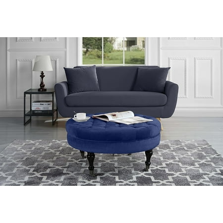 Roma Form - Divano Roma Furniture - Round Tufted Velvet Coffee Table with Casters, Ottoman with Wheels (Navy)