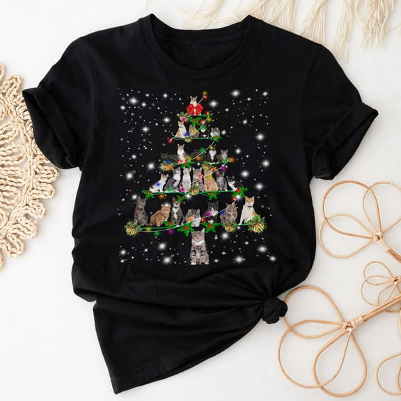 Cat Christmas Tree T-Shirt, Funny Cat Lover Gift, Kitten Christmas Lights Shirts, Christmas Shirts for Women Men