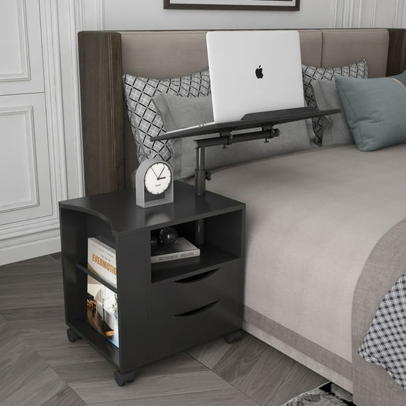 Height Adjustable Overbed End Table,Wooden Nightstand with Swivel Top,Bedside Table Laptop Desk with Drawers and Magazine Holder, Laptop Cart with Wheels,Side Table for Bedroom