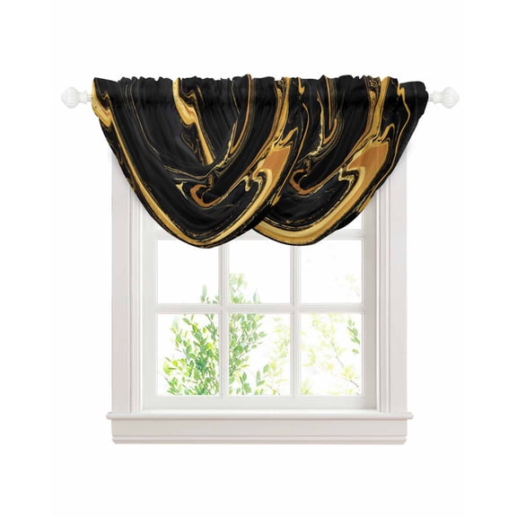 Waterfall Valances for Windows, Marble Black Kitchen Sheer Valance Curtains, Vintage Gold Art Abstract Farmhouse Rod Pocket Elegant Swag Valances for Living Room Bedroom, 47.2"x38.5", 2 Panel