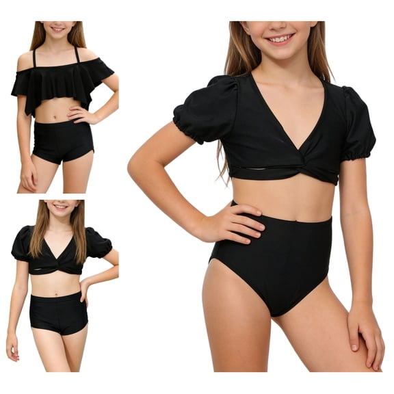 Einccm Girls Bikini Set Two Piece Swimsuit Ages 2-11, Solid Color High Waisted Shorts with V Neck Crisscross Top, Ruffle Off Shoulder Style, Adjustable Straps, for Beach Pool