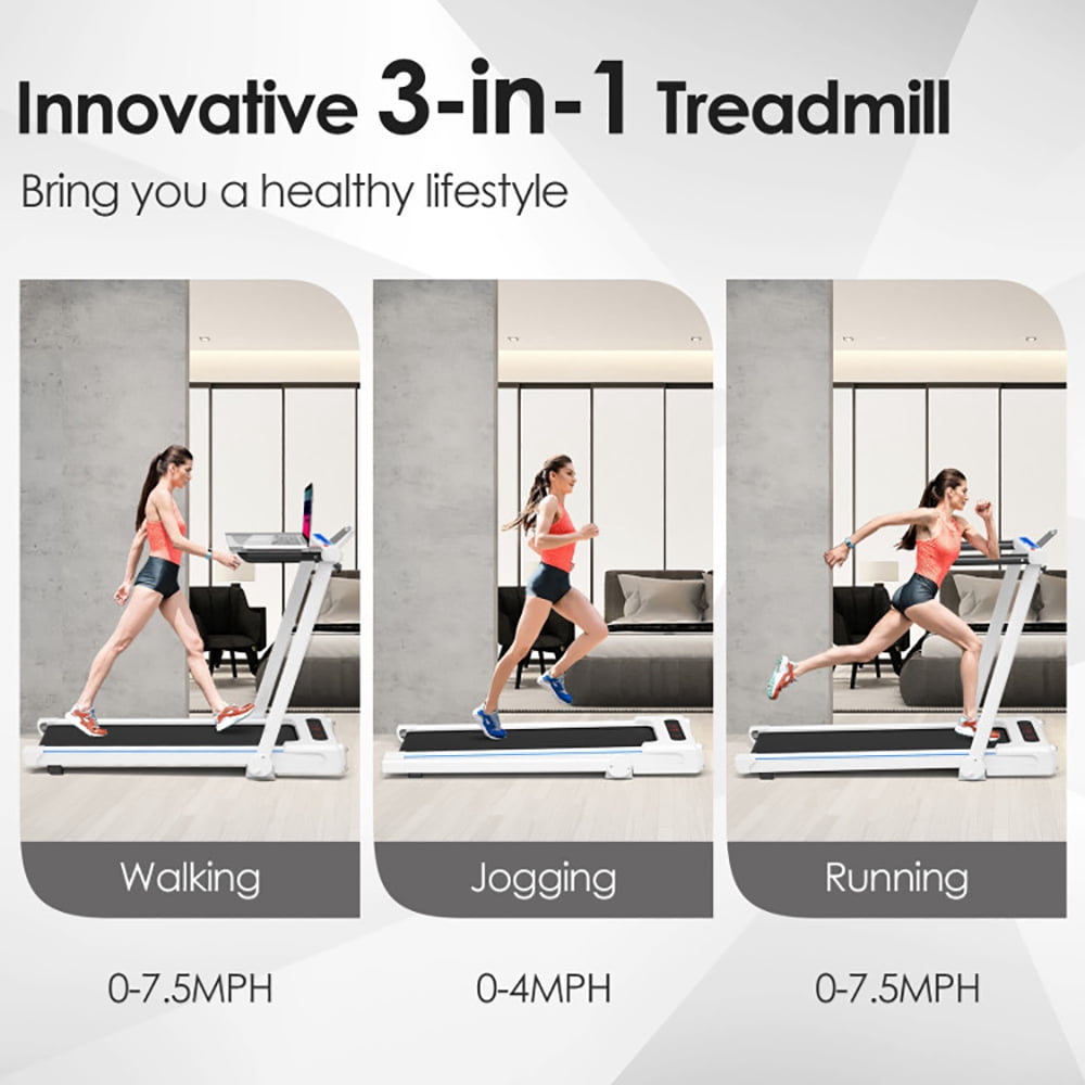 Yardi Yard 3-in-1 Folding Treadmill with Large Desk and LCD Display-White, Treadmill for Walking & Running