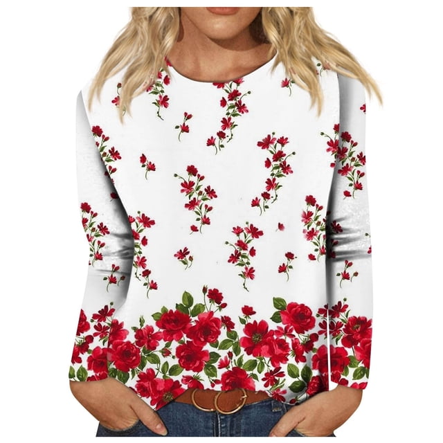 TSADFHJI Chemises de Noël pour Femmes T-Shirt Décontracté Mode Imprimé Col Rond Manches Longues Chandail T-Shirt S Rouge Pastèque
