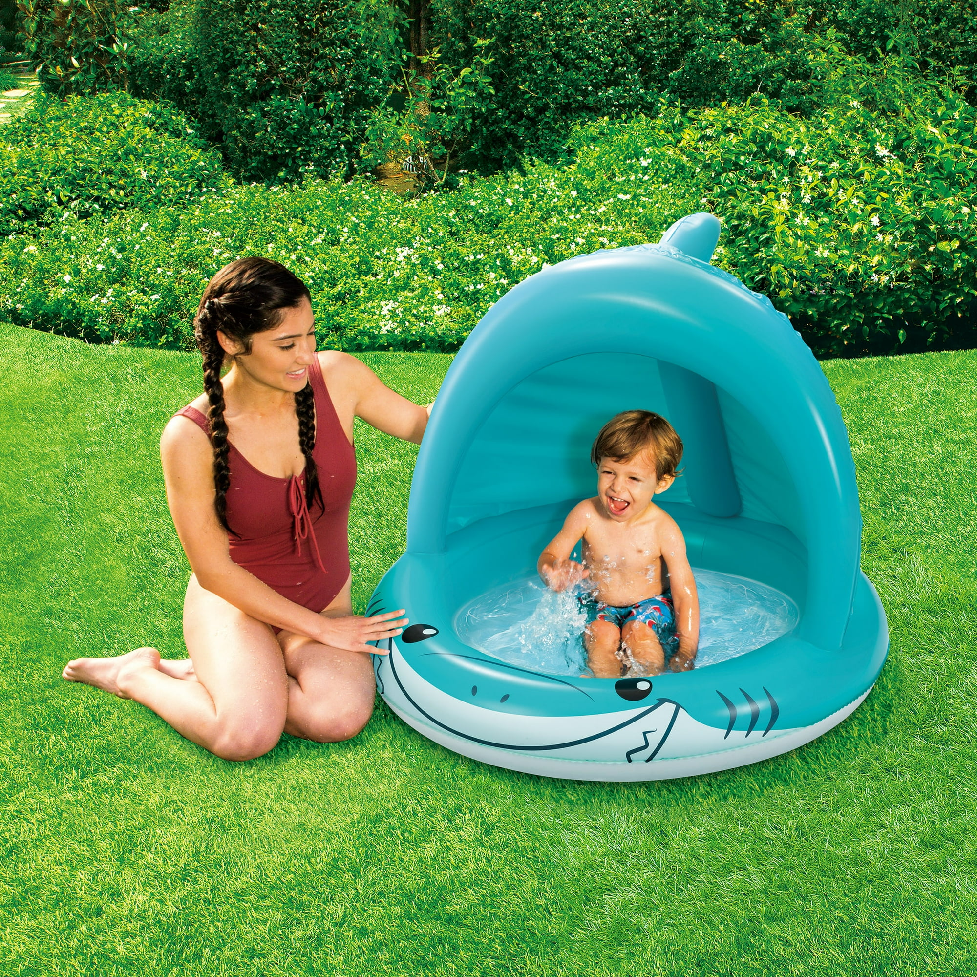 Play Day Inflatable Shark Shade Baby Splash Pool, Round, Blue, Ages 1-3, Unisex