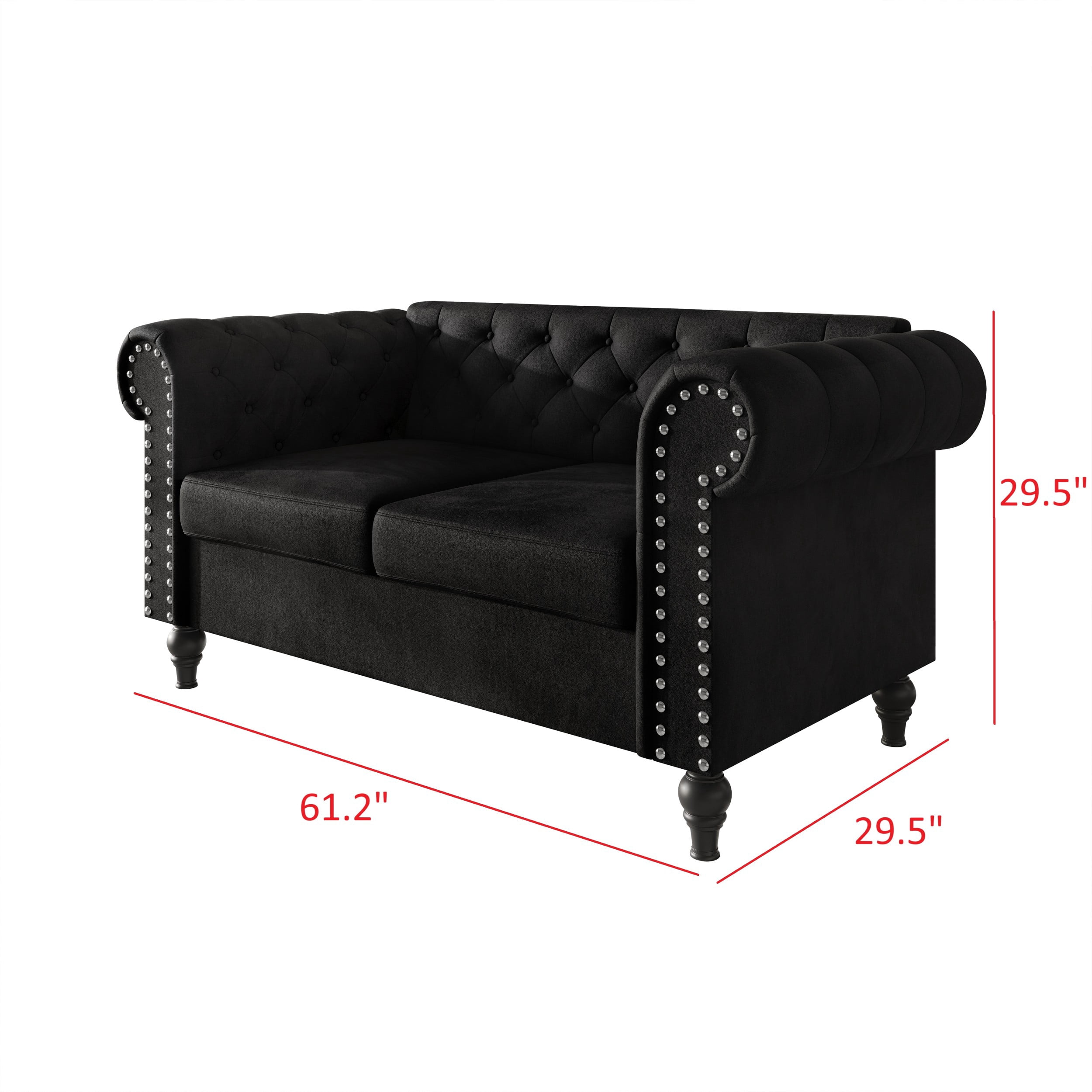 Home Design Kelso Velvet Rolled Arm Loveseat with Deep Button Tufting, Nailhead Trim and Turned Legs, Black
