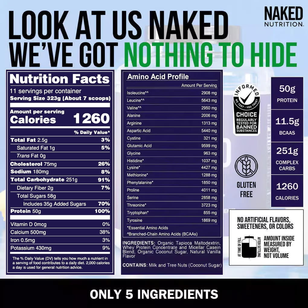 NAKED Vanilla Mass - All Natural Vanilla Weight Gainer Protein Powder - 8lb Bulk, GMO Free, Gluten Free & Soy Free, No Artificial Ingredients - 1,260 Calories - 11 Servings