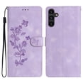 thumbnail image 1 of SaniMore Wallet Case for Samsung Galaxy A14 5G 6.6" 2023, PU Leather Embossed Flower Shockproof [Card Slots + Cash Pocket + Removeable Wrist Strap] Kickstand Full Protective Business Shell, Purple, 1 of 11