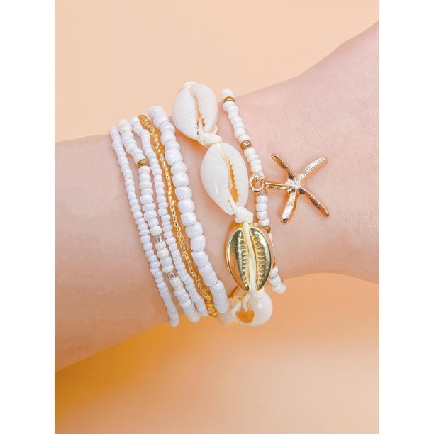 Xiao Hua Pulseras de conchas para mujer, estilo bohemio, con cuentas en capas, coloridas, apilables, con forma de estrella de mar y accesorios de joyería para mujer, color blanco.