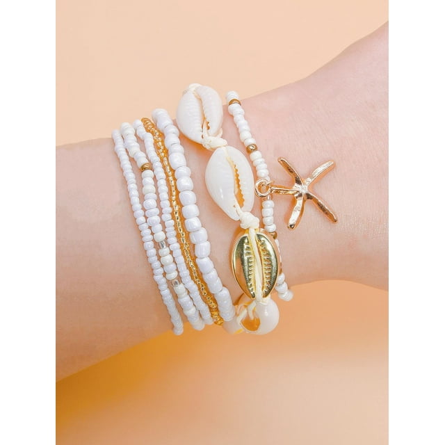 Xiao Hua Pulseras de conchas para mujer, estilo bohemio, con cuentas en capas, coloridas, apilables, con forma de estrella de mar y accesorios de joyería para mujer, color blanco.