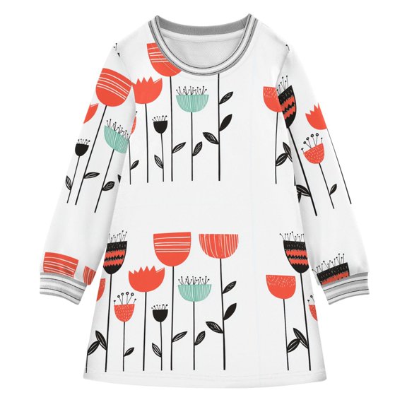 Abstract Flower Collection Girls'long-sleeved dress Thickened A-dress Warm Dress Basic Shirt Party Dresses