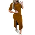 thumbnail image 2 of Summer Dresses for Women 2025 Ndbuld Women's Casual Short Sleeved Split Solid Round Neck Dress Coffee XXXL, 2 of 6