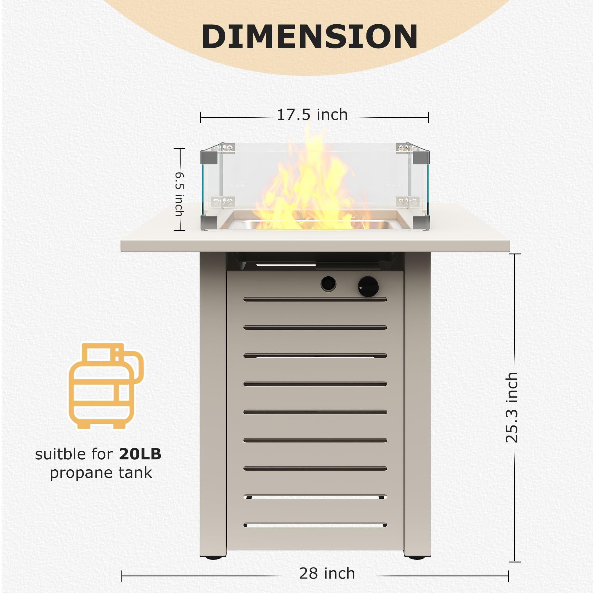 JXXM 28" Fire Pit Table, 50,000 BTU Steel Gas Firepit with Lid and Glass Wind Guard, Beige