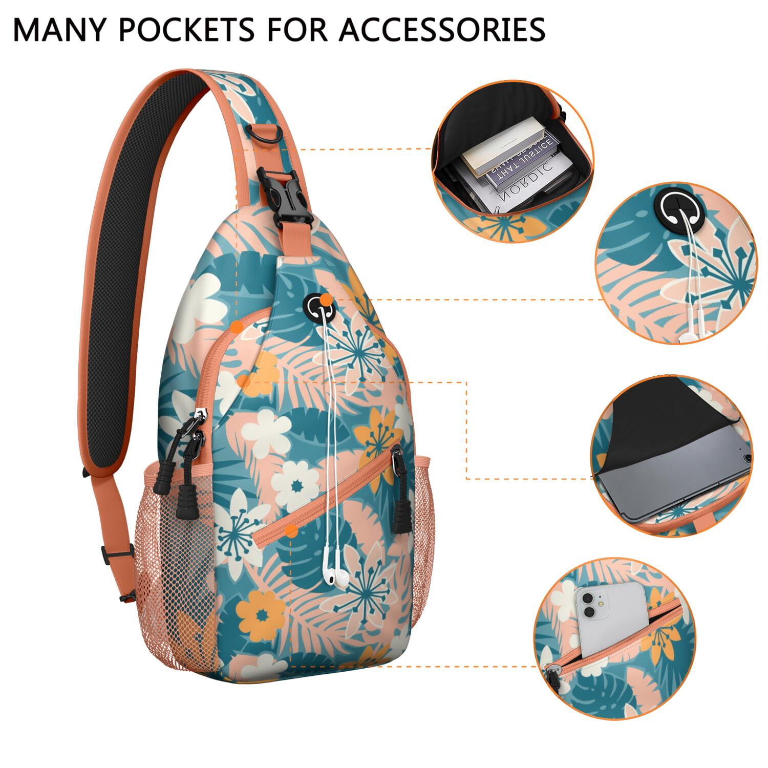 Botanical Palm Leaves Sling Bag - Water-Resistant Crossbody Bag - Travel-Ready for Hiking, Beach, Resort Vacations