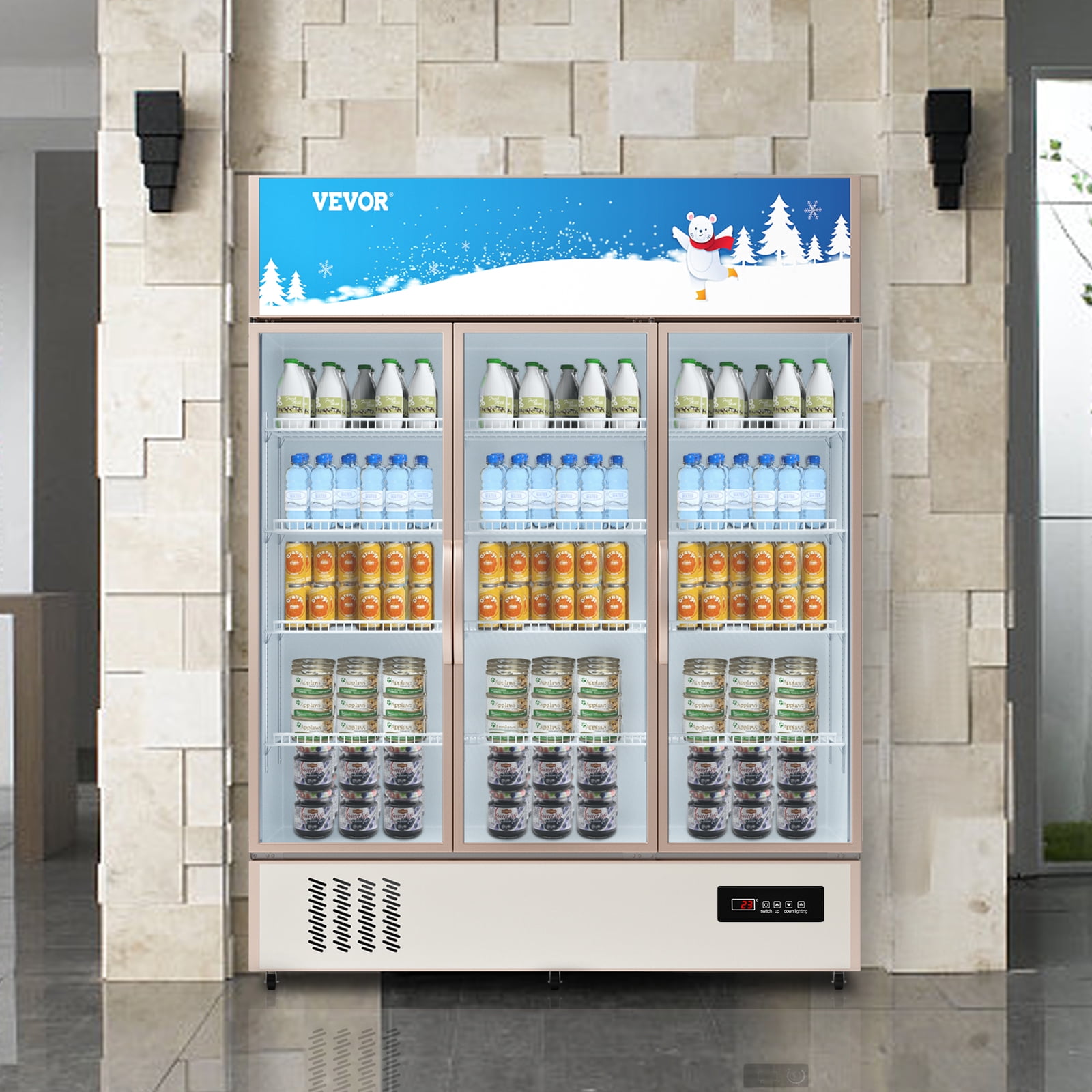 VEVOR Commercial Merchandiser Refrigerator, Triple Glass Doors, 31.6 Cubic Ft, Upright Display Beverage Cooler, 79"" Tall x 60"" Width, Fridge with LED Lighting for Drink Wine Soda, Gold
