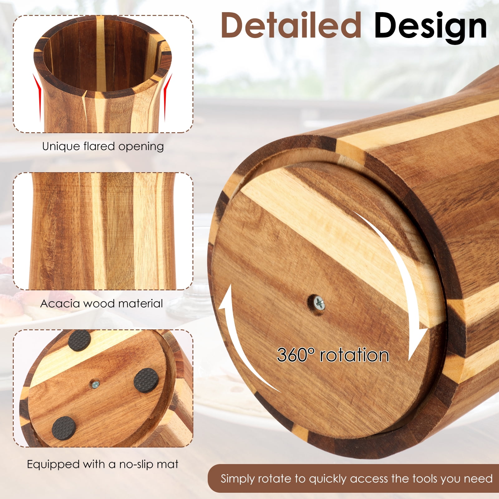 NUAHRHY 7.44" Utensil Holder, 360° Rotating Cooking Utensil Crock for Countertop, Acacia Wood Cooking Tool Organizer for Kitchen Counter Spatula Storage, Natural Kitchen Decor