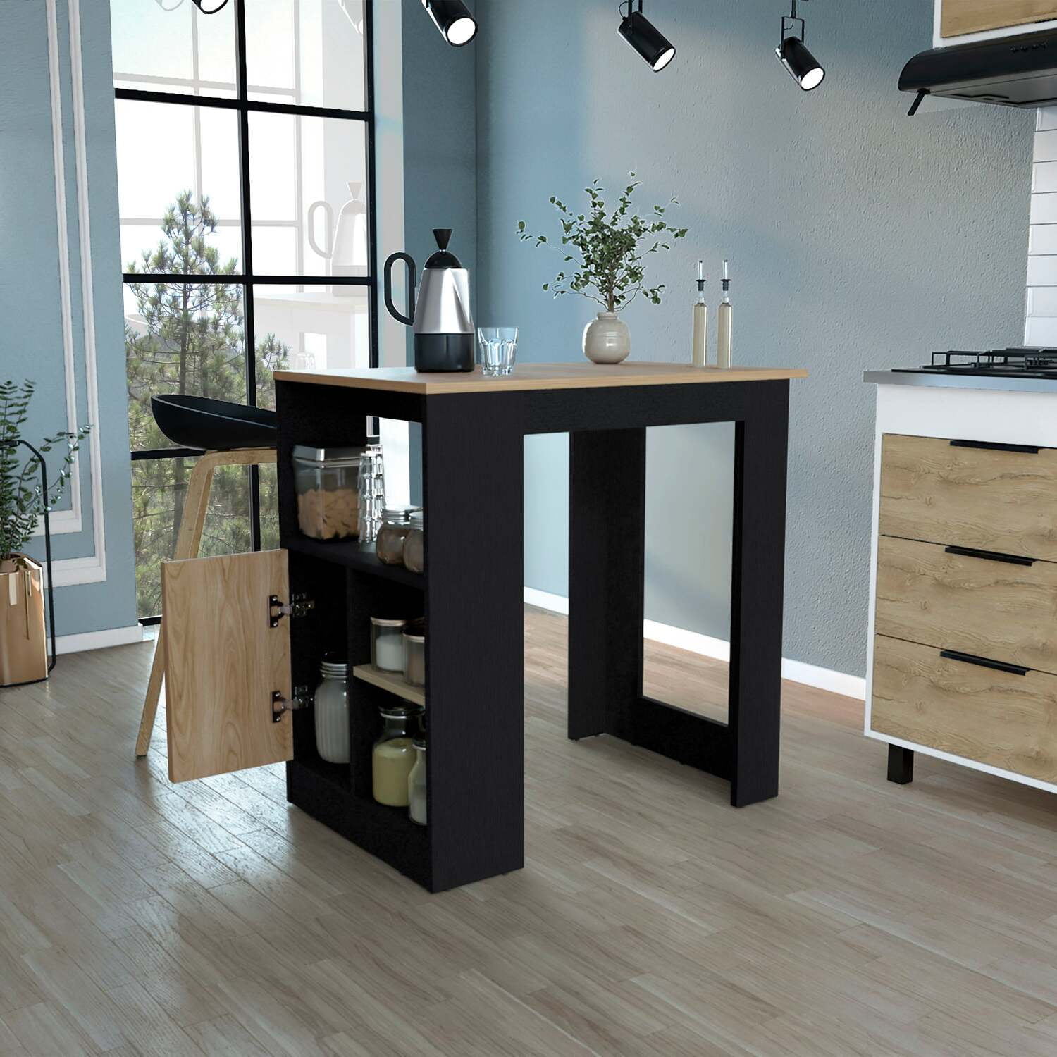 Kitchen Island Side Shelves and Push to Open Cabinet Black Wengue Natural Oak
