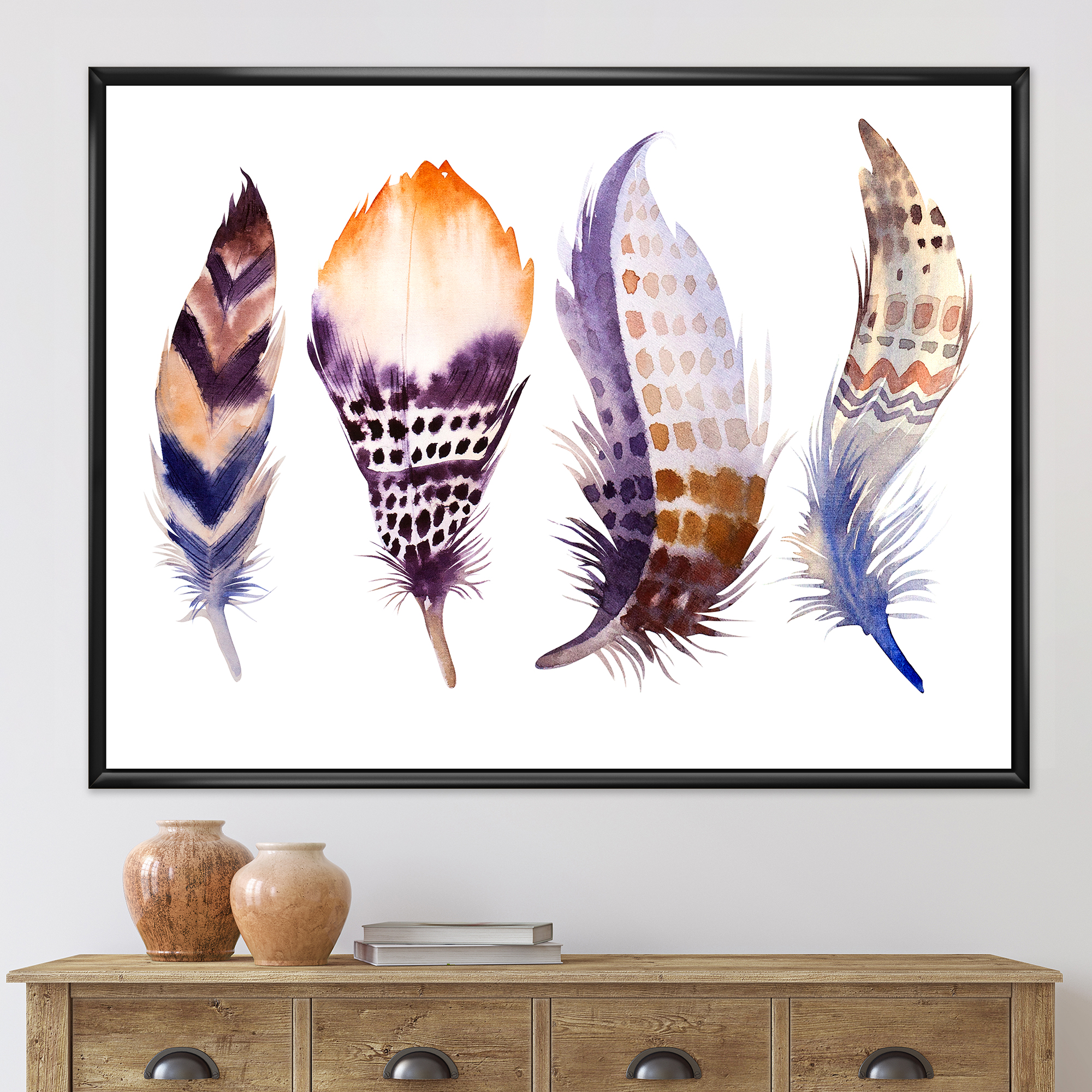 Designart 'Purple Boho Art Feathers' Bohemian & Eclectic Framed Canvas Wall Art Print