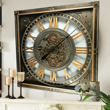 THE GEARS CLOCK Wall Clock with Real Moving Gears LU-LI_ 32 in Square SILVER-ANTIQUE