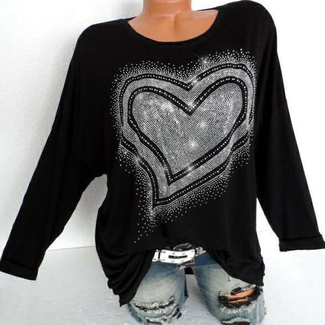T-shirts à Manches Longues pour Femmes Col Rond Motif Diamant Amour T-Shirt Décontracté Haut à Manches Longues T-Shirts Longs pour Femmes T-Shirts pour Femmes Mode T-Shirts à Manches Longues pour Femmes