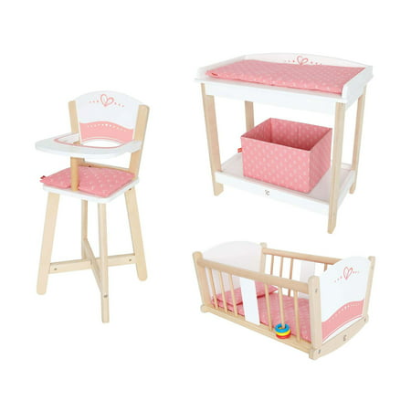 hape wooden baby doll highchair + play baby cradle + diaper changing table