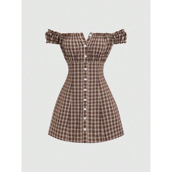 Coffee Brown Plaid Off Shoulder Slim-Fit Mini Dress For Women