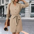 thumbnail image 2 of VEKDONE Women Shirt Dress Long Sleeve V Neck Button Down Mini Dress with Belted Elegant Loose Fit Knee-Length Casual Tunic Dresses with Pocket Khaki L, 2 of 7