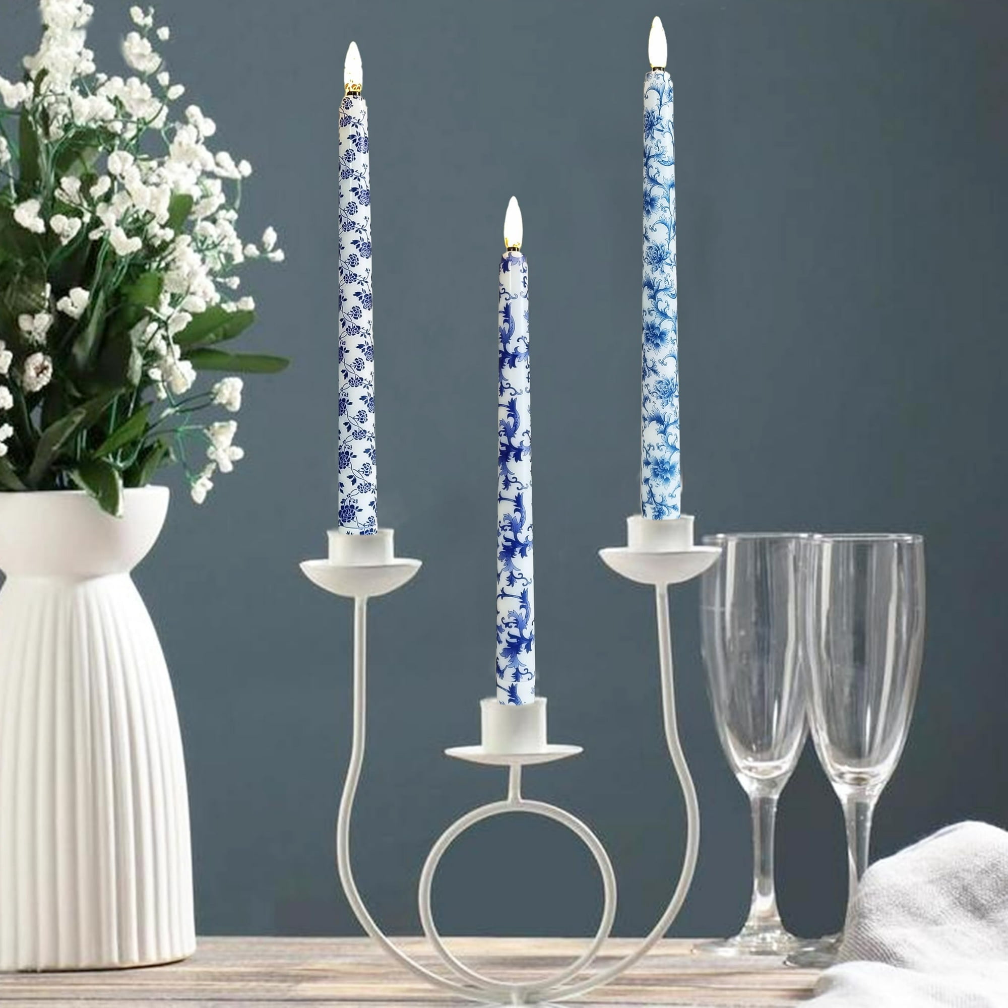 6PCS Printed Flameless Taper Candles, 11 Inch LED Candlesticks Battery Operated with 10-Key Remote and Timer, 3D Flickering Flame Lights for Wedding Party Home Decor Gifts