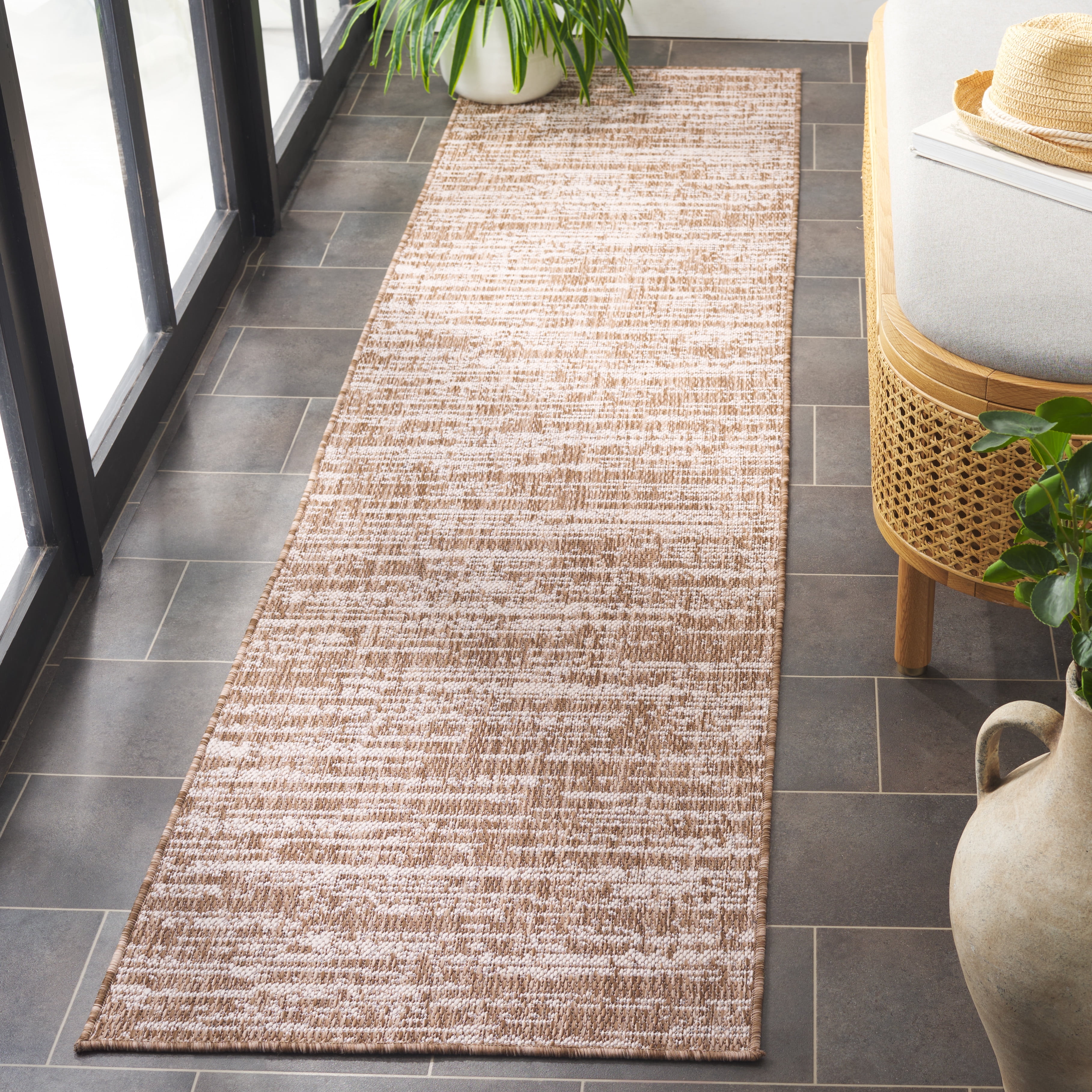 SAFAVIEH Beach House Nikola Geometric Indoor/Outdoor Runner Rug, Brown/Ivory, 2' x 8'