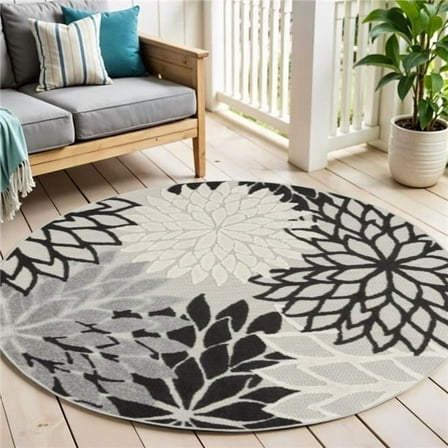 HomeRoots 546636 4 ft. Black & White Round Floral Indoor & Outdoor Area Rug