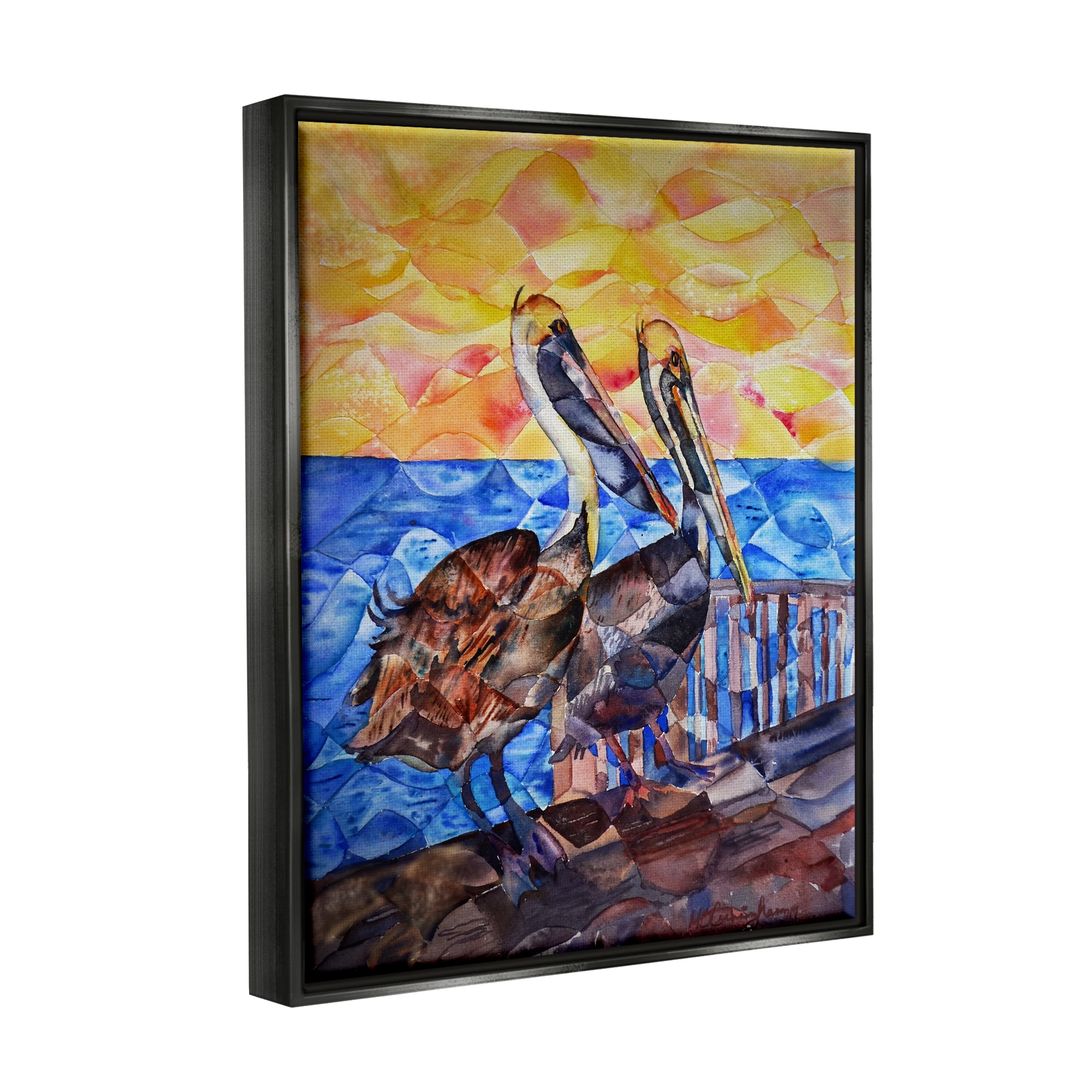 Stupell Industries Pelicans on Dock Painting Animals & Insects Painting Black Floater Framed Art Print Wall Art, 17 x 21