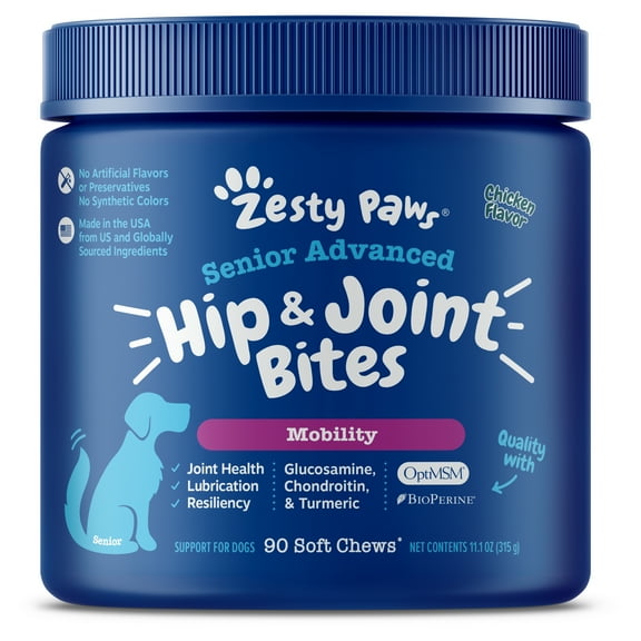 Zesty Paws Senior Advanced Hip & Joint Bites for Dogs, for Joint Health, Chicken 90ct