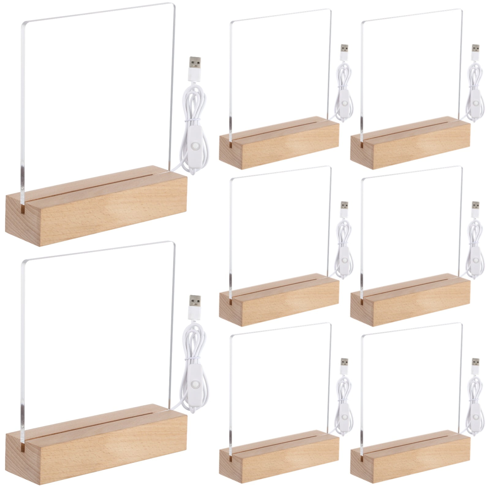 8 Pcs LED Wooden Display Stands, LED lamps with Acrylic Sheets, Transparent Acrylic Night Lights with USB Cables, Wooden Bases with Acrylic Boards for Writing, Drawing, DIY, Present