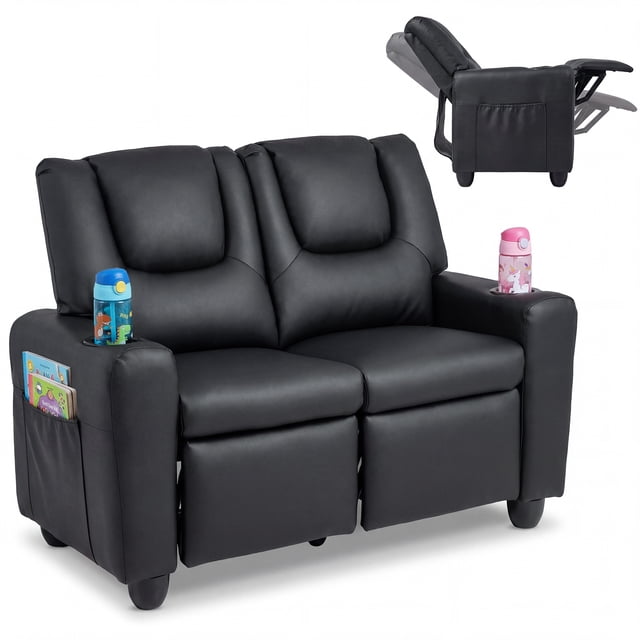 Costway Fauteuil Inclinable pour Enfants 2 Places avec Porte-Gobelets, Poches de Rangement Latérales, Dossier Réglable, Noir
