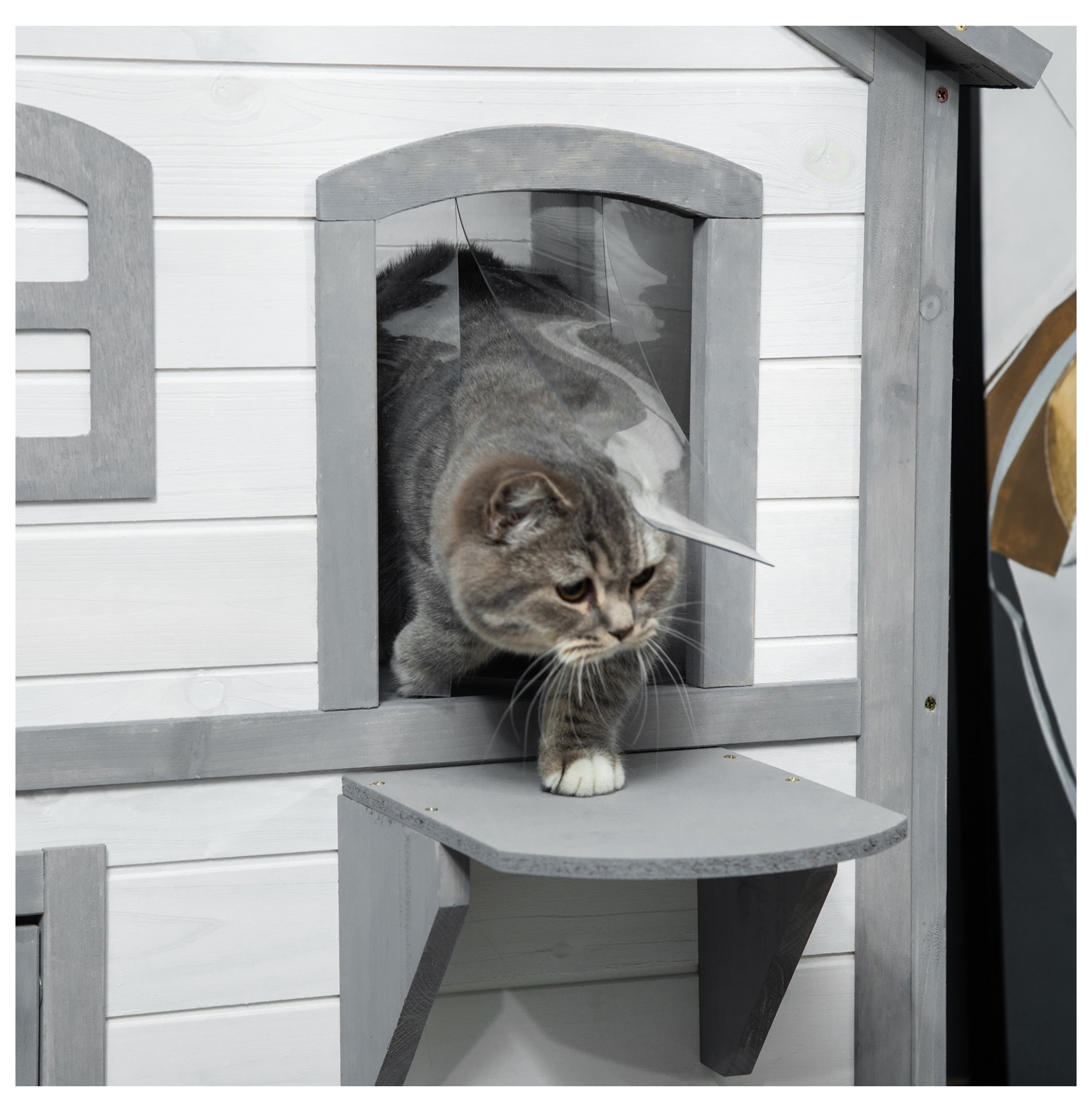 2-story Cat House Outdoor, Weatherproof Wooden Cat Enclosure for Feral Cats with Escape Door, Openable Roof, Jumping Platforms, White