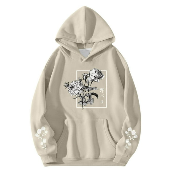 Luwomo Women's Casual Womens Rose Floral Pattern Fashion Street Style Long Sleeve Hooded Sweatshirt Loose Fit Pullover Lady Tops Beige,L