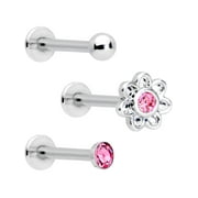 Body Candy 3Pc 16G Steel Pink Accent Flower Internally Threaded Labret Monroe Lip Ring Tragus Set 5/16"